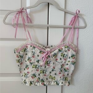 Floral Print Cami with Lace Trim and Pink Straps